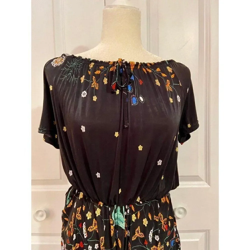 Black floral short sleeve boho romper small